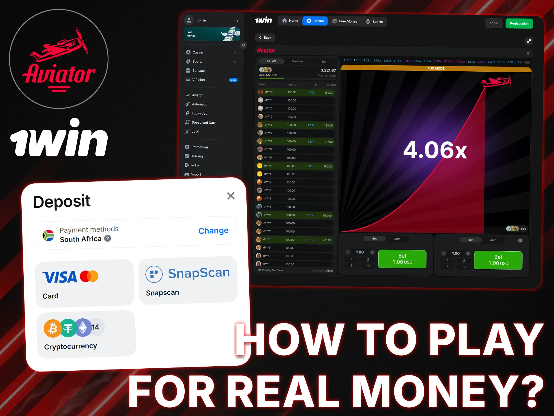 Create and top up your 1Win account to start playing Aviator for real money.