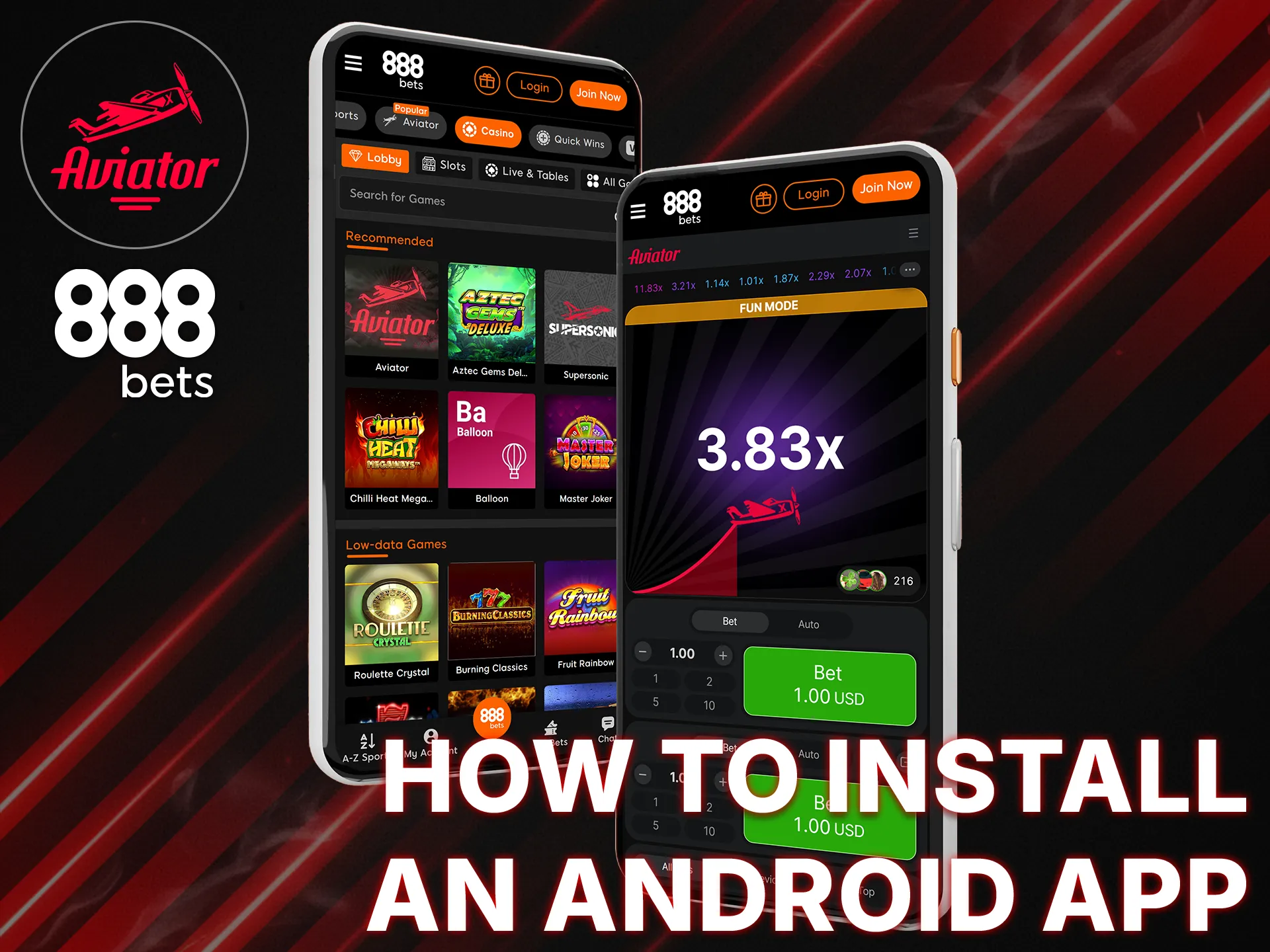 Install the 888bets PWA on your Android device to play Aviator.
