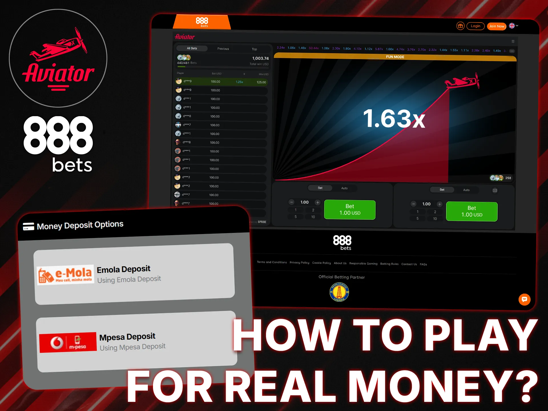 Top up your 888bets account and win real money in Aviator.