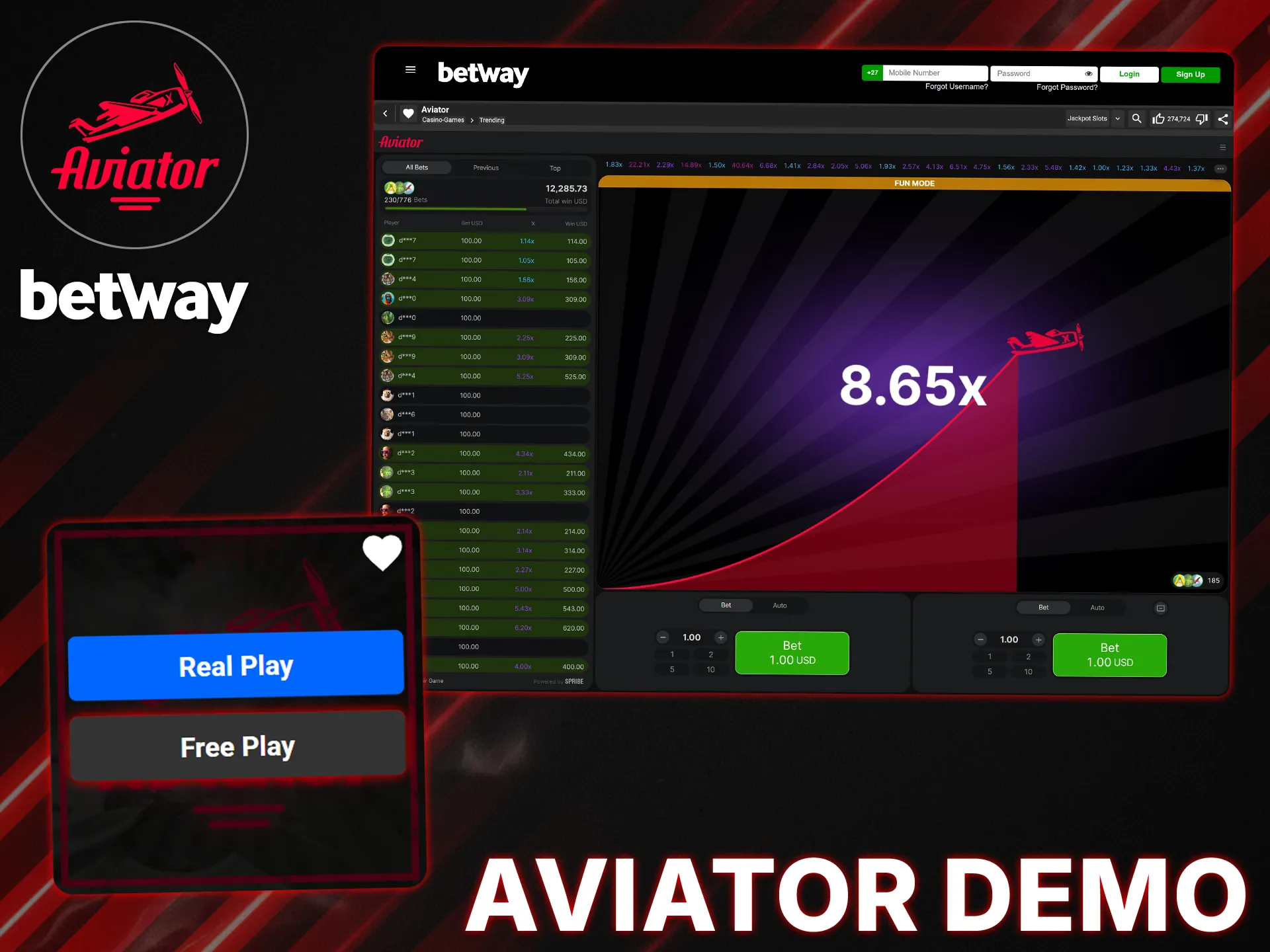 Play the demo version of Aviator at Betway to learn the game and try out different strategies.