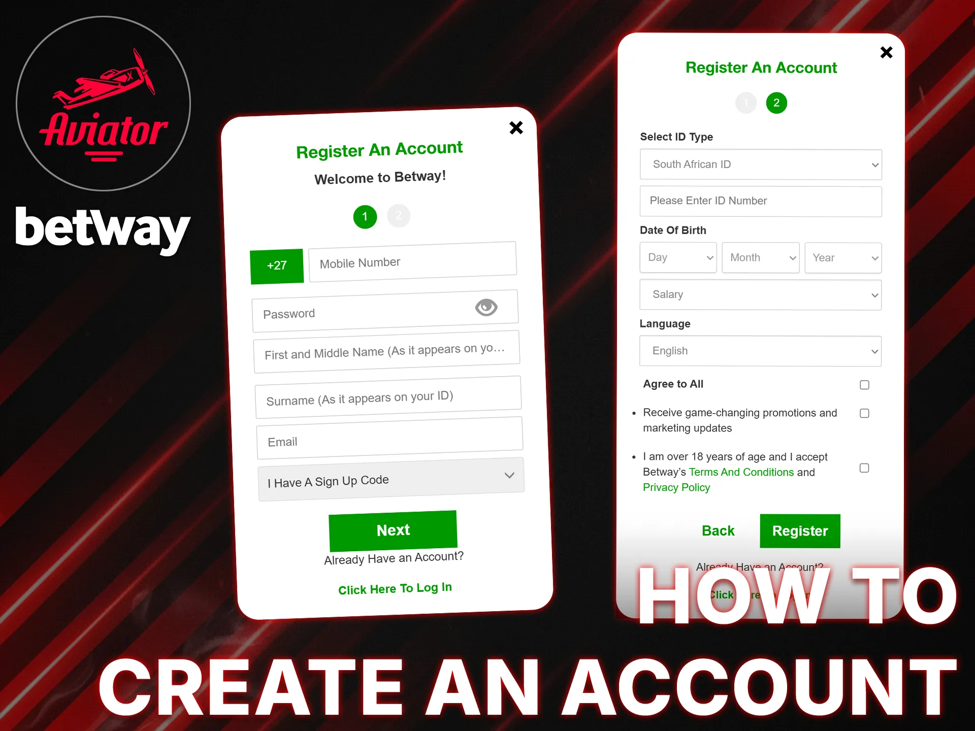 Complete the Betway registration form to start playing Aviator.