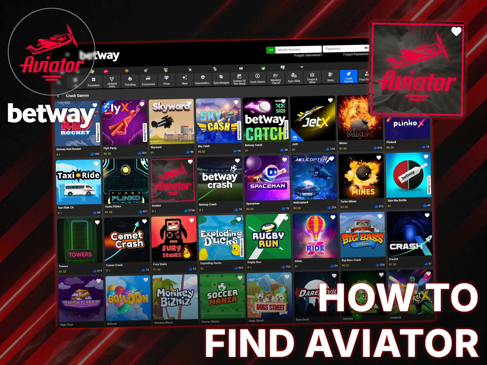 Log in to your Betway account and find Aviator in the casino games section.