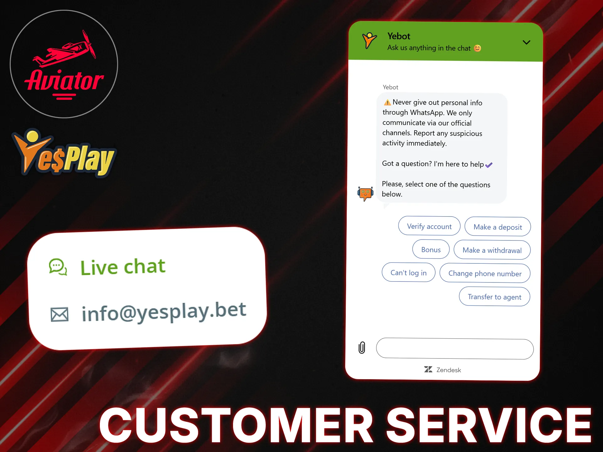 Get support for Aviator or other issues via live chat or YesPlay email.