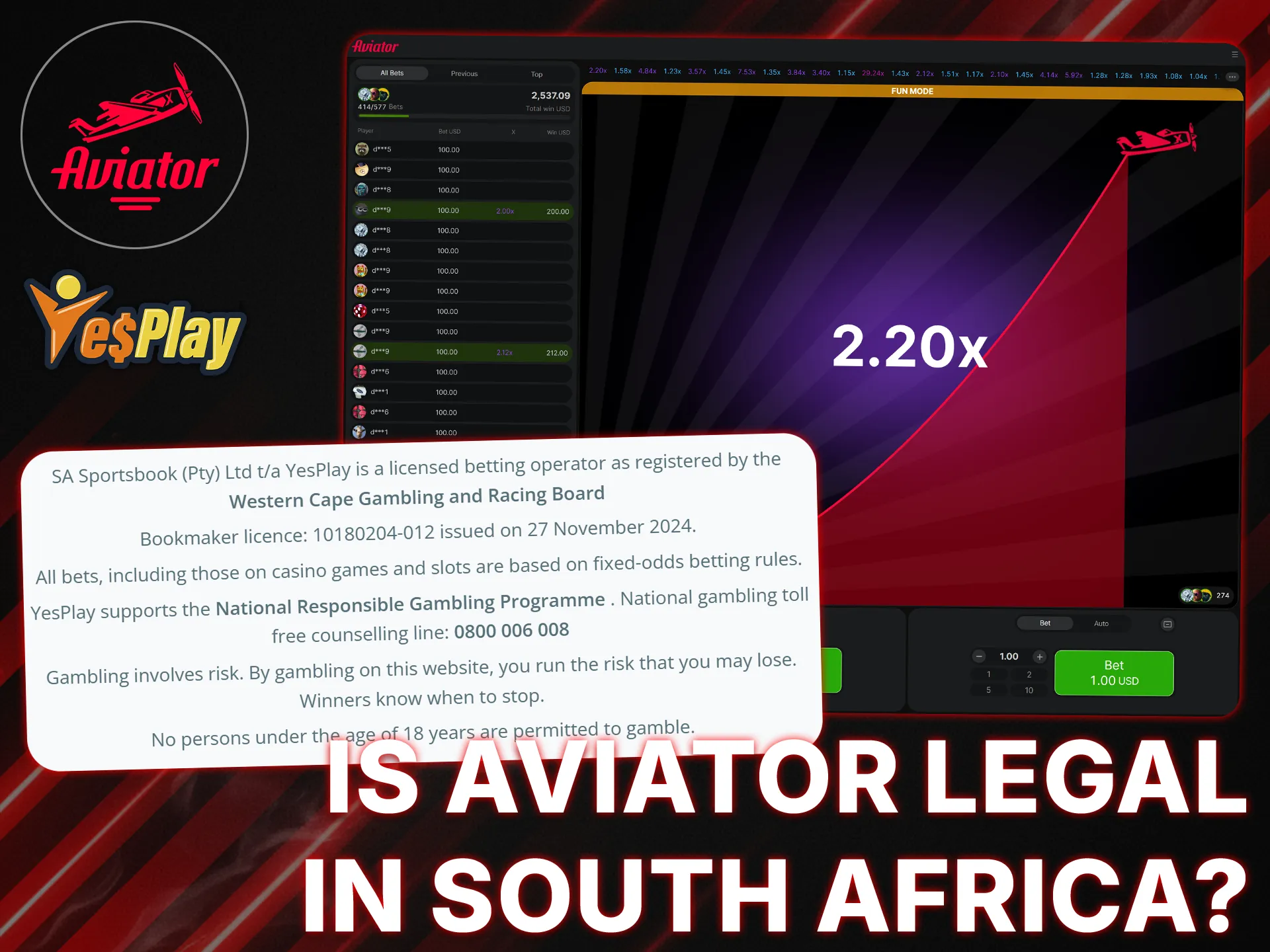 Play Aviator at YesPlay, a legal casino in South Africa.