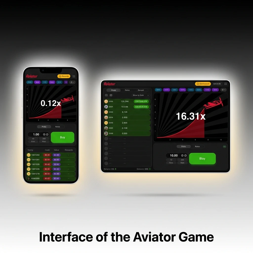 Aviator game interface showing multiplier graph, bet panel, and live player cashout feed on desktop and mobile