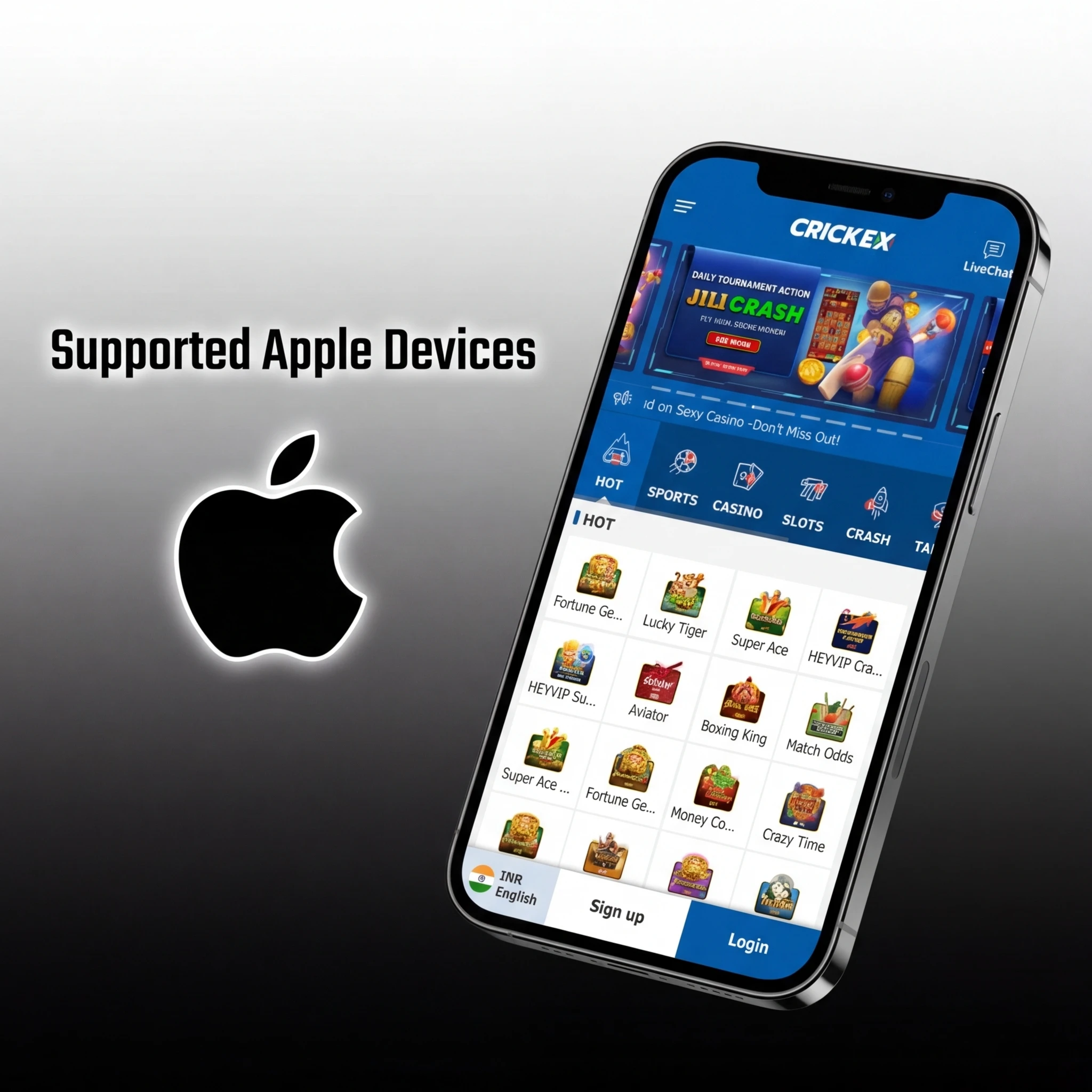 Supported Apple devices for Crickex PWA including iPhone SE, iPhone 11 to 15, and iPad models running iOS 12 or later